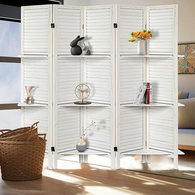 Room Divider with Shelves, Privacy Screen, Room Dividers and Folding Privacy Screens, 5 Panel Wood Temporary Wall Partition Separation Separator, White-Ruum Studio Home