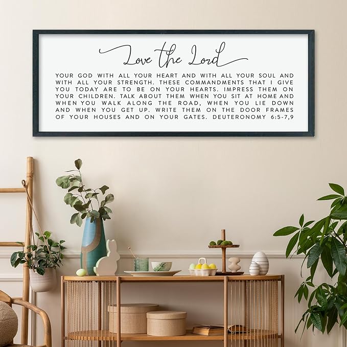 LuZhiQiang Love The Lord Your God With All Your Heart Wall Decor Art 40"×15" Deuteronomy 6:5-7, 9 Scripture Sign Bible Verse Large Wood Framed Wall Hanging (Black)-Ruum Studio Home