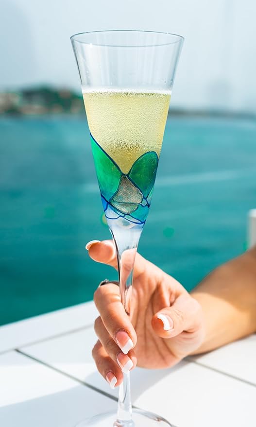 Victoria Barcelona Champagne Flute Set of 2 – 7.5 oz Mouth-Blown Turquoise Sea Glass | Hand-Painted, Gaudí & Murano Inspired | Artistic Unique Gift Ideas for Her or Him-Ruum Studio Home
