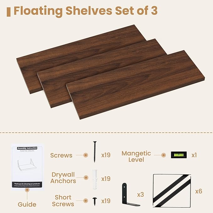 Heimlove Floating Shelves for Wall 24 Inches,8 Inches Deep Wall Bookshelf Mounted Display&Storage Wood Shelves for Kitchen Bathroom Laundry Living Room,Set of 3 (Walnut Color)-Ruum Studio Home