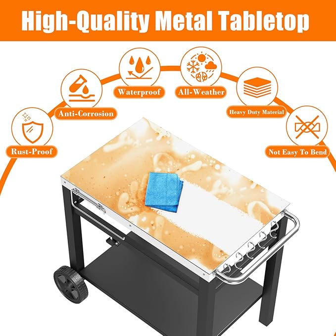Outdoor Grill Table, Movable Dining Cart, Pizza Oven Table Stand, Double-Shelf Grill Stand, Food Prep and Work Cart with Wheels, Hooks, Fits for Blackstone Ninja-Ruum Studio Home