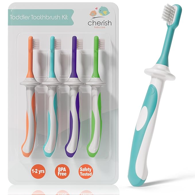 Cherish Baby Care Toddler Toothbrushes 1-2 Years (4-Pack) - BPA-Free & Safety-Tested Kids Toothbrush Kit, Designed by a Pediatric Dentist, Soft-Grip Toothbrush for Kids, My First Toothbrush Set-Ruum Studio Home