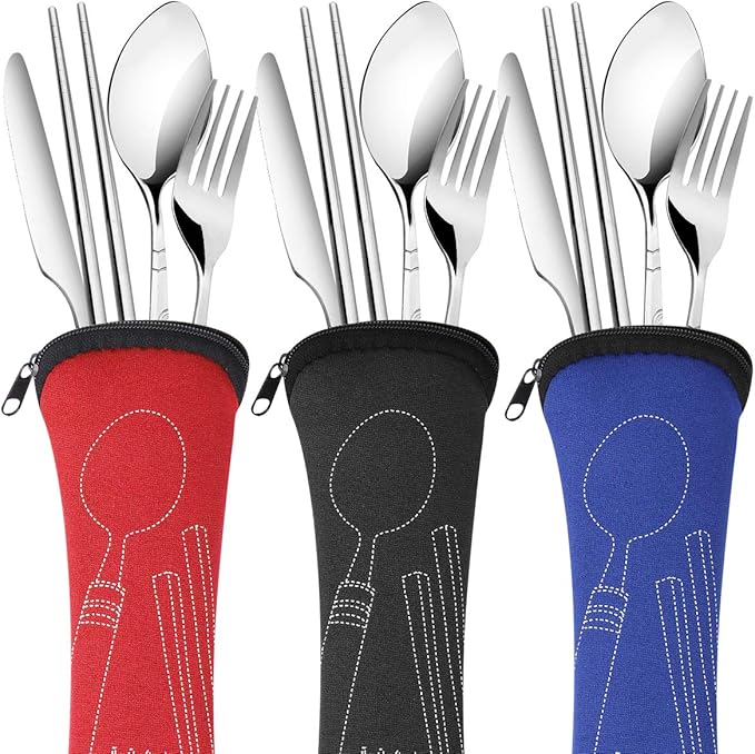 6 Pack Reusable Flatware Sets Knife, Fork, Spoon, Chopsticks, 24Pcs Portable Travel Stainless Steel Tableware Dinnerware with Carrying Case-Ruum Studio Home
