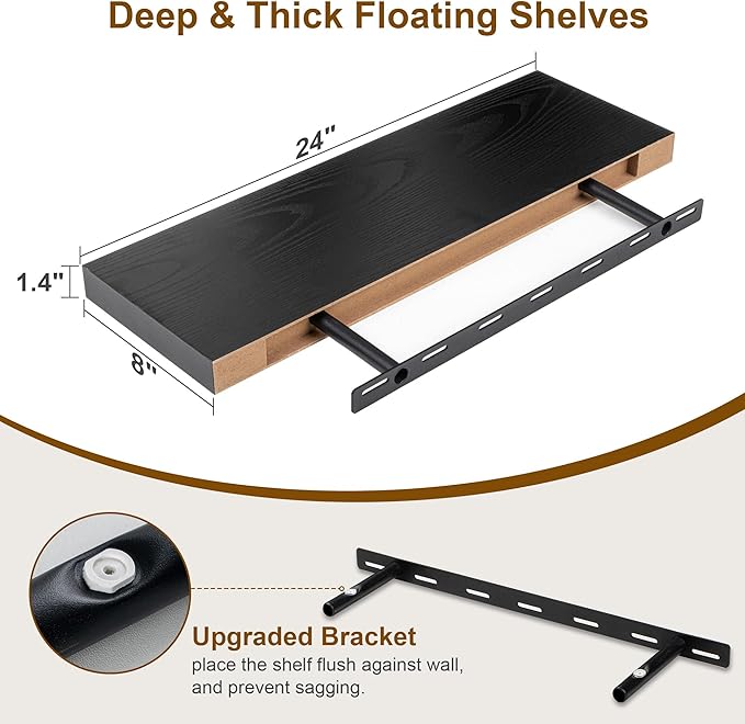 Fun Memories Rustic Black Floating Shelves 24 Inch Long, 8 Inch Deep Floating Shelf, 24 x 8 Wall Shelves Set of 2, Deep Black Bathroom Shelves, 24 Long Floating Bookshelf Wall Mounted-Ruum Studio Home