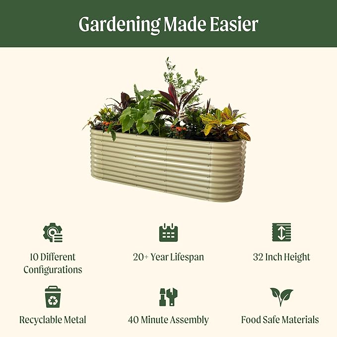 Vego garden 32" Extra Tall Raised Garden Bed Kits, 10 in 1 Modular Raised Planter Box for Vegetables Flowers Fruits Oval Metal Raised Garden Bed- British Green-Ruum Studio Home