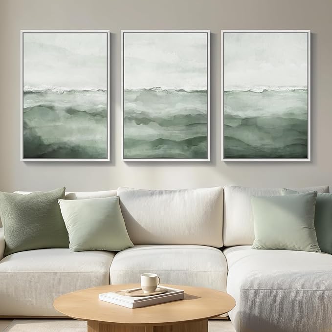 Large Framed Sage Green Abstract Landscape Wall Art for Living Room, 3 Piece Modern Canvas Prints Paintings Artwork for Walls, Minimalist Abstract Pictures for Hallway, Office Wall Decor 24x36 In-Ruum Studio Home
