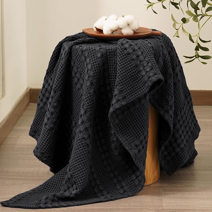PHF 100% Cotton Waffle Weave Throw Blanket, Soft Lightweight Breathable Cozy Summer Throws for Couch Bed Sofa, Luxury Aesthetic Woven Blanket for Home Decor & Office, 50"x60", Black-Ruum Studio Home