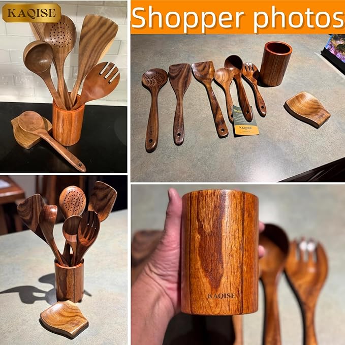 Wooden Spoons for Cooking, Kitchen Utensils Set, Wood Spatulas Soup Ladle Serving Spoons Teak Wooden Utensil Set（8 Pieces ）