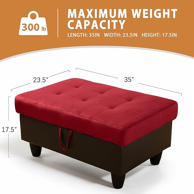 Ottoman Rectangular Storage Ottoman Bench, Flannel Footrest Stool Footstool with Lid for Living Room, Bedroom, Entryway, Red&Black, 35"x23.5"x17.5"-Ruum Studio Home
