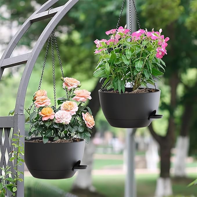 12 Inch Hanging Baskets 2 PC with Chains, Self-Watering Hanging Planters for Indoor Outdoor Plants, Plastic Hanging Flower Pots,Black-Ruum Studio Home