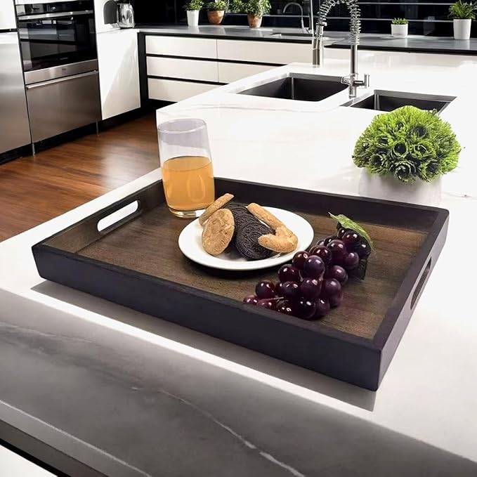 Large Bamboo Wooden Tray with Handles, Rectangular Natural Solid Wood, Black Walnut Color Serving Tray Suitable for Kitchen,Bedroom,Coffee, Party Bars. (14.9x10.2x1.57 inches)-Ruum Studio Home