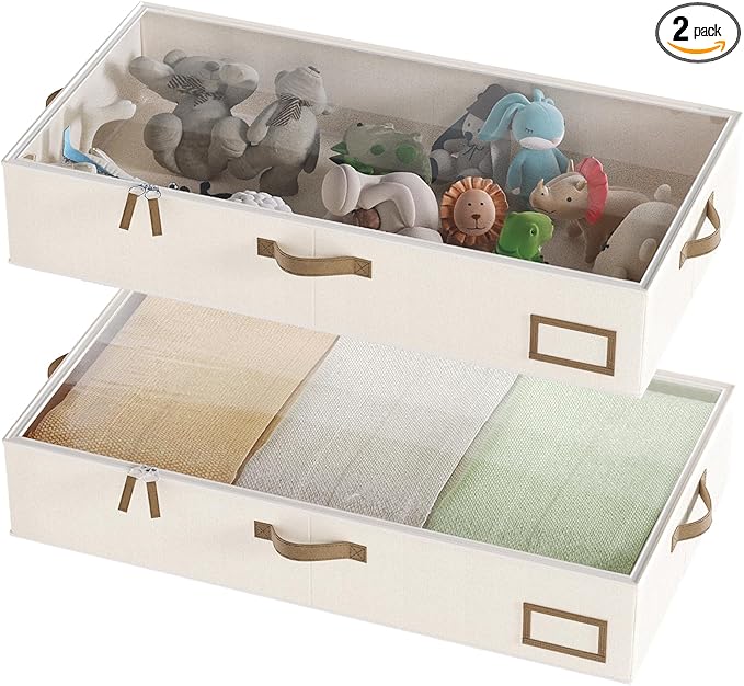 Under Bed Storage Containers, 2-Pack Underbed Storage Box, Collapsible Clothes Storage Bins with Handles and Lid, Large Under Bed Organizers for Shoe, Blanket, Toy, Pillow, Sheet, Beige-Ruum Studio Home
