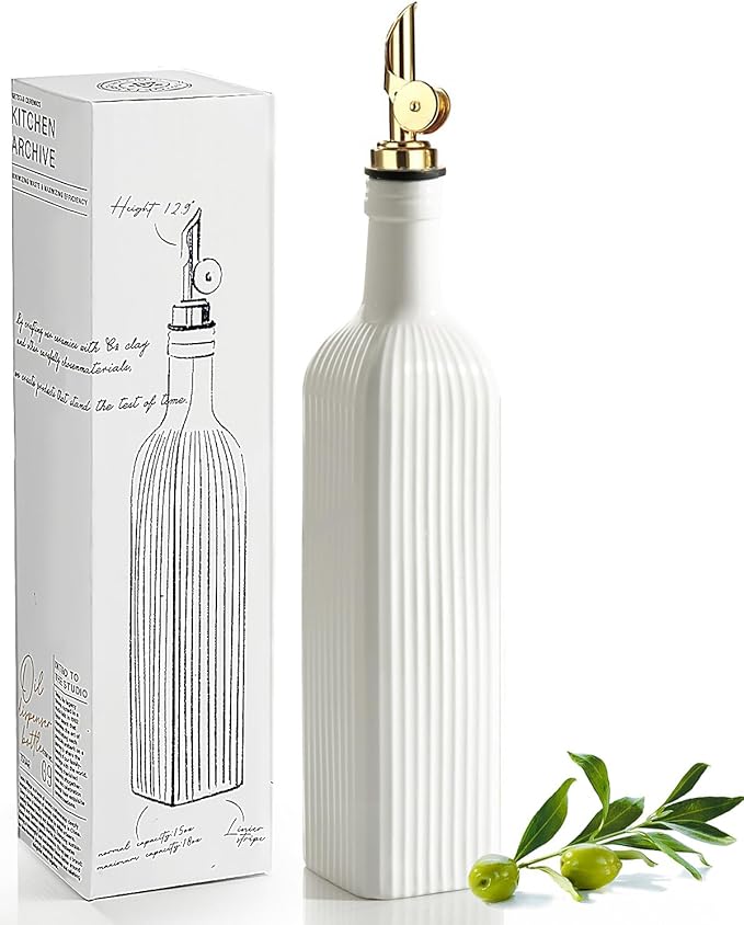 getstar 18 oz Olive Oil Dispenser Bottle for Kitchen, Ceramic Oil Bottle with Automatic Stainless Steel Pourer (Golden Pourer)-Ruum Studio Home