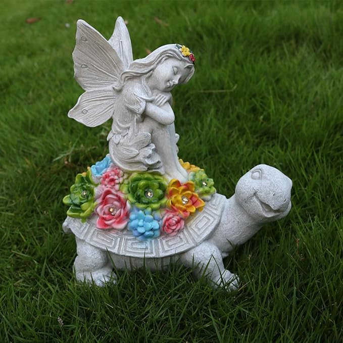 Garden Statues Outdoor Decorations Solar Turtle Angels Decor with Succulents LED Lights Garden Ornaments Figurines for Patio Yard Lawn Gifts for Women Grandma-Ruum Studio Home