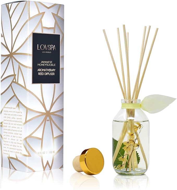 LOVSPA Reed Diffuser Set, Japanese Honeysuckle Scented Oil Diffuser with Sticks, Home Fragrance Accessories for Bathroom Shelf Decor, Aroma Diffusers for Home or Office Desk, USA Made-Ruum Studio Home