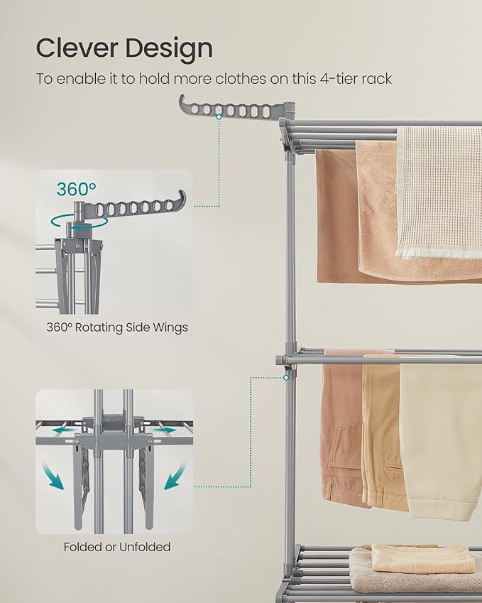 SONGMICS Clothes Drying Rack 4-Tier, Foldable Laundry Drying Rack 69.9-Inch Tall, Extendable Rods, Stainless Steel, Rolling Clothes Horses, Clothes Airer, Indoor Outdoor Use, Dove Gray ULLR704G01-Ruum Studio Home