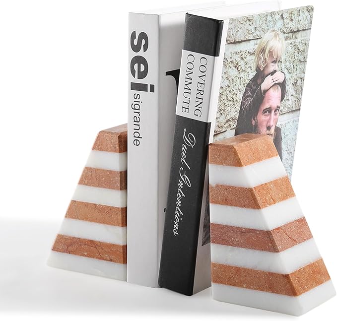 Marble Book Ends, Non-Skid Bookends for Shelves, Composite Bookend with Natural Stone, Heavy Duty Book Stopper, Collected CDs and Oversized Books Organizer, White & Red Decorative Bookends-Ruum Studio Home