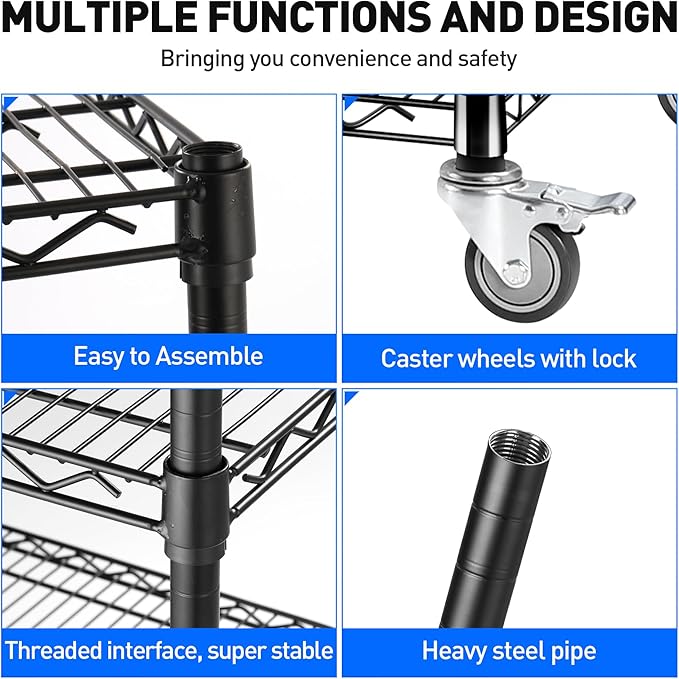 Rengue 4-Tier Wire Shelving with Wheels, 60"x 24"x72" Metal Storage Shelves, Heavy Duty Garage Storage Shelves, Chrome 2400LBS Capacity Wire Shelf Rack for Restaurant, Garage, Pantry, Black-Ruum Studio Home