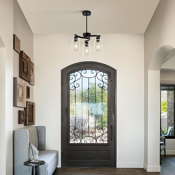 3 Light Modern Dining Chandeliers Over Table，Black Light Fixture for Dining Room，Farmhouse Chandelier with Glass Shade，Industrial Pendant Lighting for Kitchen Island，Foyer,Hallway, Bedroom-Ruum Studio Home