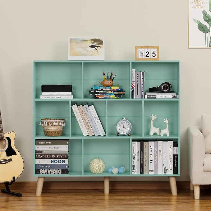 LEYAOYAO 10 Cube Bookshelf,3 Tier Modern Wide Bookcase with Legs,Mid-Century Wood Bookshelves Storage,Mint-Green Large Book Case,Freestanding Organizer Display Shelf for Bedroom,Living Room,Office-Ruum Studio Home