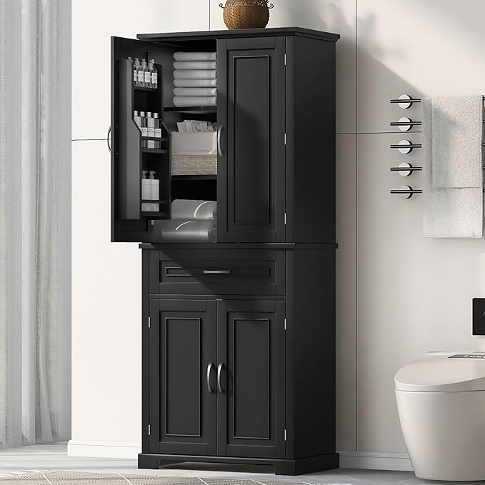 72.2" Tall Storage Cabinet with 4 Doors and Drawer, Freestanding Linen Cabinet, Wooden Pantry with Adjustable Shelf for Kitchen, Bathroom, Living Room Black-Ruum Studio Home