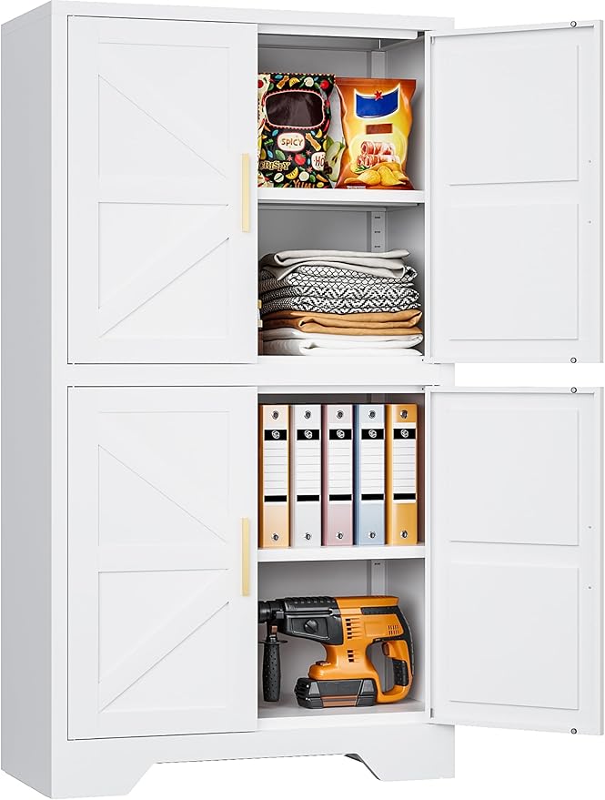 SISESOL White Storage Cabinet with 4 Doors and 2 Adjustable Shelves,Farmhouse Food Pantry Cabinets,Small Bathroom Cabinet,4 Tier Metal Storage Cabinets for Home Kitchen,Dining/Living/Laundry/Room-Ruum Studio Home