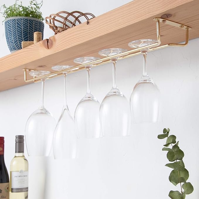 Soro Essentials- 24" Glass Hanging Stemware Rack Brass Plated Set of 2- Wine Glass Hangers Under Shelf Cabinet Wire Wine Holder Storage Hanger for Cabinet Kitchen Bar or Home-Ruum Studio Home