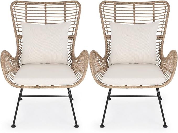 IDZO Isabelle Upgraded 2000 Hours UV Wicker Chairs Outdoor Set of 2, 500 lbs Capacity Outdoor Patio Chair, All-Weather Club Chair with Water-Resistant Olefin Cushions, Boho Style, Beige-Ruum Studio Home