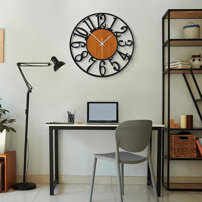 Maxstar Round Wall Clock for Living Room Decor Battery Operated Non Ticking Black Metal Wood Clocks for Home Living Room Garden Office Kitchen Decoration -20 inch-Ruum Studio Home