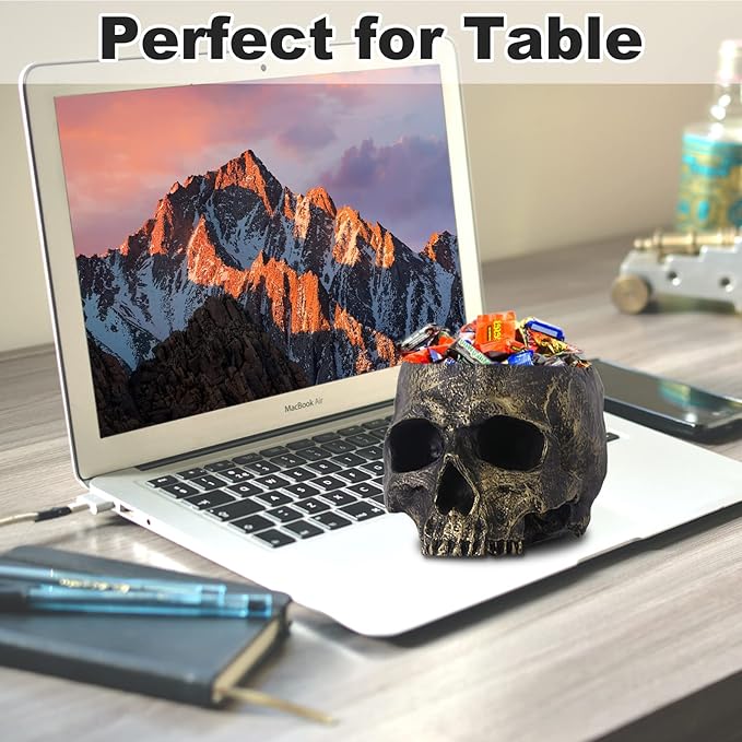 Halloween Skull Candy Dish- Deep Skull Head Halloween Candy Bowl Holder Artificial Resin Skulls Decor Indoor Outdoor Table Centerpieces Flower Pot Plant Office Pen Holder Desktop Ornaments - Bronze-Ruum Studio Home