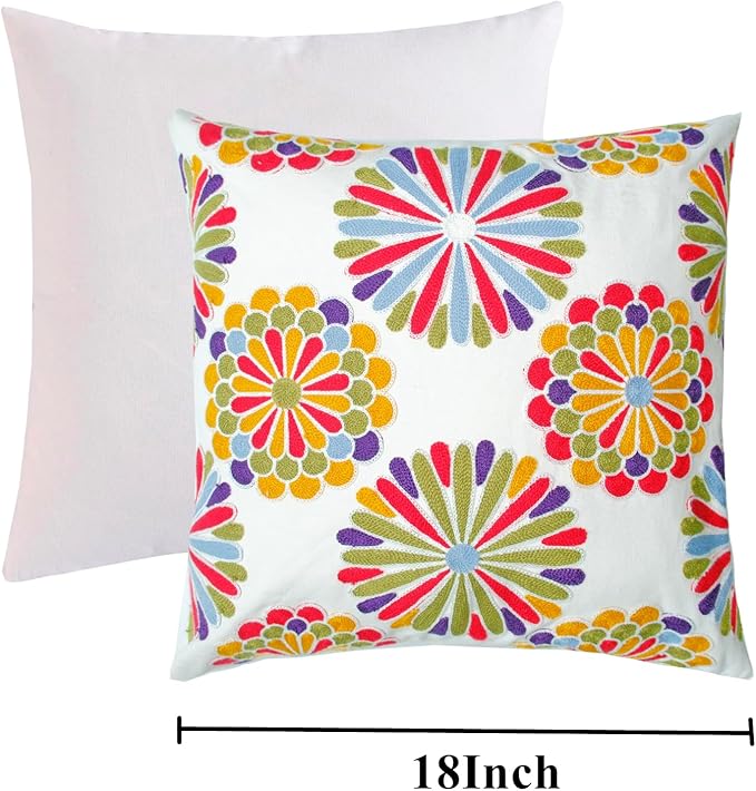 Embroidered Decorative Throw Pillow Cover, 18"x18" Set of 2, Farmhouse Pillowcase Colorful Knit Pattern Cotton Canvas Cushion Case Square Floral Pillow Case for Sofa Couch Bed Living Room-Ruum Studio Home