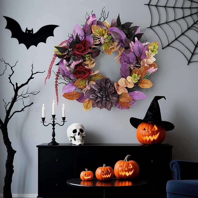 GarveeHome 18 Inch Halloween Wreath, Halloween Garland with Artificial Roses & Spiders, Indoor Outdoor Holiday Accent Decoration for Front Door Porch Wall Home Party Window, Red & Purple-Ruum Studio Home