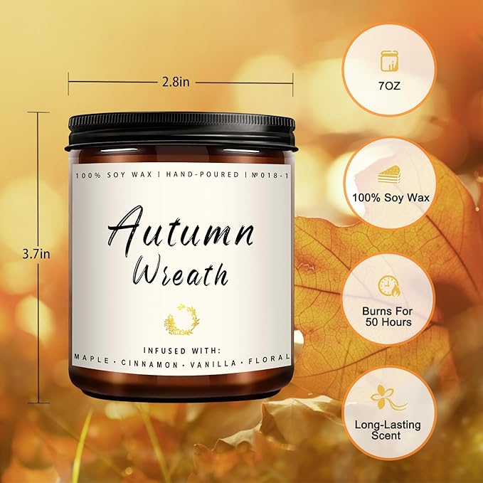Auelife Fall Candle, Autumn Wreath Scented Soy Candles for Home, Aromatherapy Candle Gift Set for Women & Men, Cozy Fall Décor, 7oz – Perfect for Autumn Relaxation and Home Ambiance-Ruum Studio Home