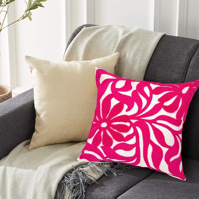 Alysheer Farmhouse Floral Leaves Embroidered Decorative Throw Pillow Cover 18x18 inches, Boho Tufted Flowers Embroidery Pattern Chic Cotton Cushion Case for Couch Bed Sofa Living Room(Bright Hot Pink)-Ruum Studio Home