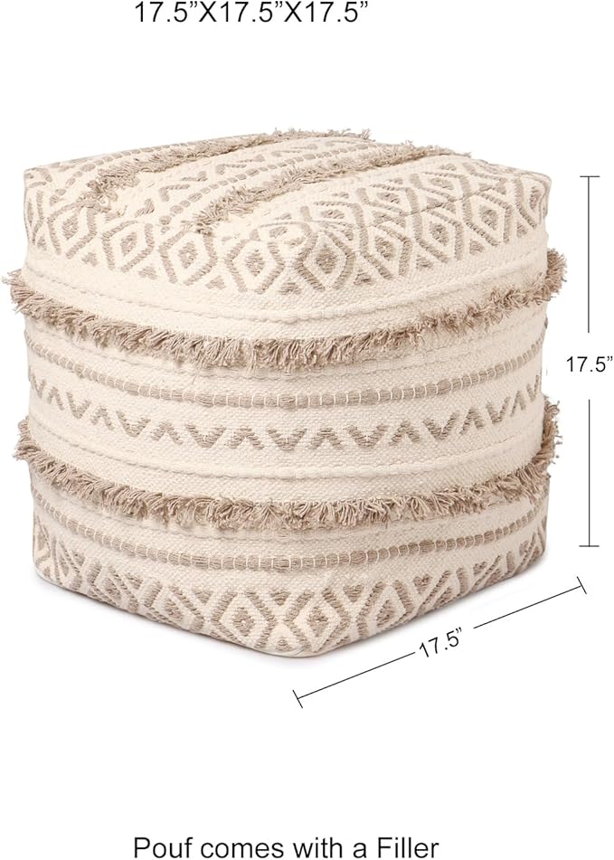REDEARTH · Tufted Pouf Ottoman with Filler Textured Storage Cube Bean Bag Pouffe Footrest for Living Room, Bedroom, Nursery, Kidsroom; 100% Cotton (17.5"X17.5"X17.5", Geometric Craft Taupe)-Ruum Studio Home