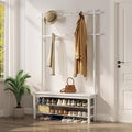 Coat Rack with Shoe Storage, Wooden Hall Tree with Bench, 11 Hooks and 2-Tier Storage Shelves, 3-in-1, Entryway Bench with Coat Rack (39.3"-Deep White)-Ruum Studio Home