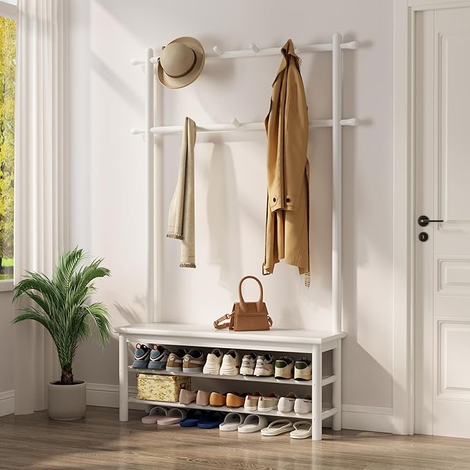 Coat Rack with Shoe Storage, Wooden Hall Tree with Bench, 11 Hooks and 2-Tier Storage Shelves, 3-in-1, Entryway Bench with Coat Rack (39.3"-Deep White)-Ruum Studio Home