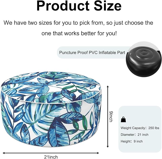 Inflatable Ottoman Stool D21 xH9 for Outdoor/Indoor Use, Water Repellent Patio Foot Rest Stool with Portable Handle,Round Pouf Ottoman Suitable for Garden,Deck and Camping - Leaves Ink Blue-Ruum Studio Home
