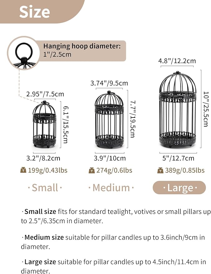 NUPTIO Vintage Bird Cage Lantern: Black Hanging Bird Cage Decor Candle Lanterns for Centerpiece - Large Birdcage Pillar Candles Holder for Halloween Christmas Bridal Shower 10 Inch H-Ruum Studio Home