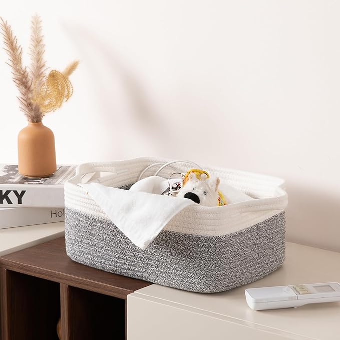 OIAHOMY 3 Pack Storage Baskets for Organizing, Woven Cotton Rope Basket for Shelves, Closet Organizer Bins with Handles, Rectangle Toy Organization, 13.78''×9.84''×5.5'', Grey & White-Ruum Studio Home