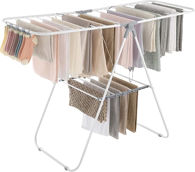 SONGMICS Clothes Drying Rack, with Sock Clips, Metal Laundry Rack, Foldable, Space-Saving, Free-Standing Airer, with 2 Height-Adjustable Gullwings, Indoor Outdoor Use, White and Gray ULLR052W02-Ruum Studio Home