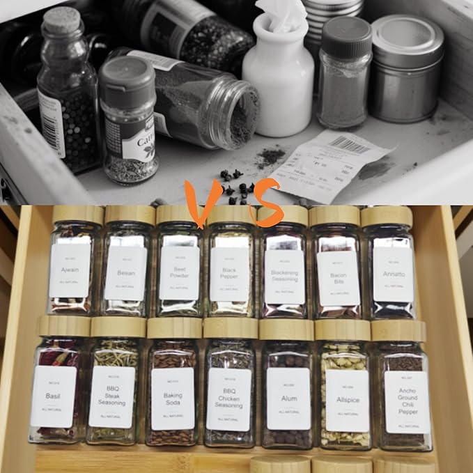 Spice Drawer Organizer with 24 Bamboo-lidded Spice Jars and 216 Labels,Non-slip Rubber, Bamboo 4 Tier Spice Racks Tray Seasoning Containers for Kitchen Drawers,Cabinets,13" Wide * 15.8" Deep-Ruum Studio Home