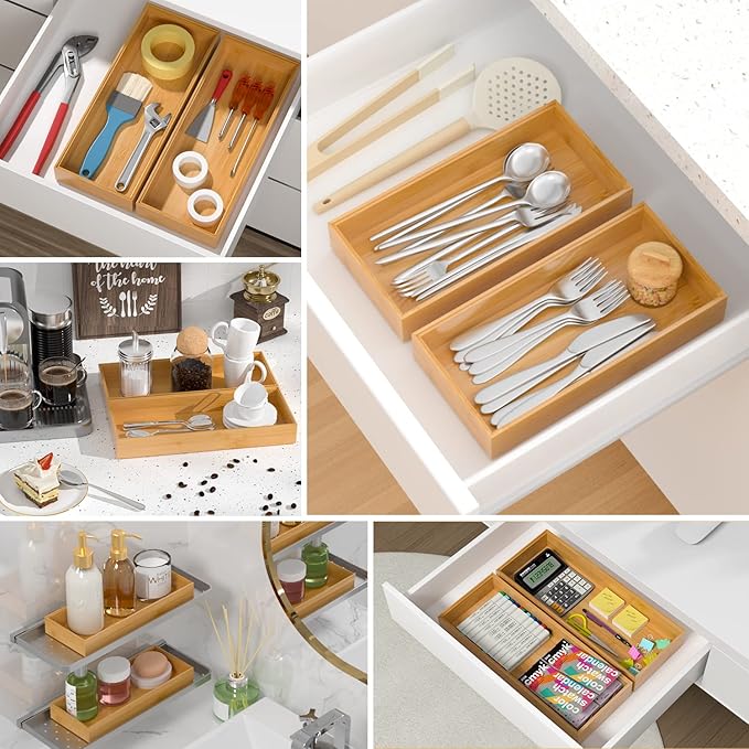 Bamboo Drawer Organizer, Stackable Utensil Organizer for Kitchen, Bamboo Storage Box Wood Silverware Tray for Drawer 15" x 6" x 2" Set of 2-Ruum Studio Home