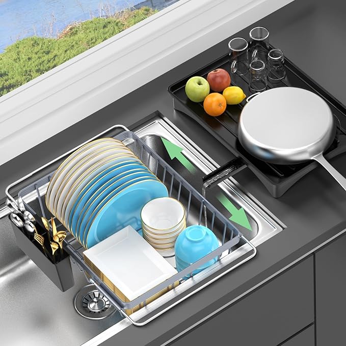 LEMIKKLE Expandable Dish Drying Rack- Space-Saving Dish Rack, Dish Drainers for Kitchen Counter with a Cutlery Holder, Over The Sink Dish Racks Fit for 14’’-19’’ Kitchen Sink Grey-Ruum Studio Home