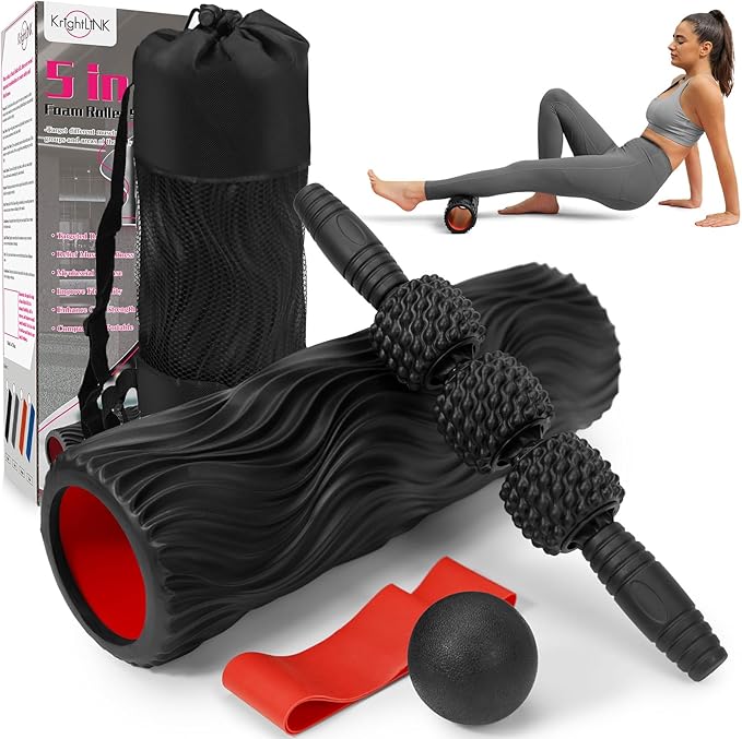 5-in-1 Foam Roller Set, Massage Roller Stick, Massage Ball, Resistance Band for Deep Muscle Massage, Trigger Point Release, Pilates, Yoga (Black-Wave)-Ruum Studio Home