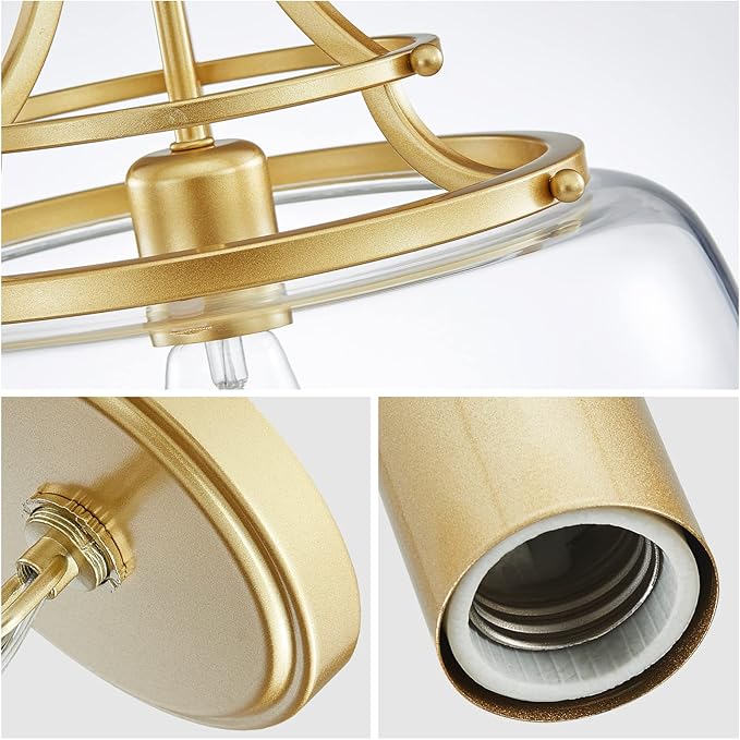 WUZUPS Chandelier Rustic Farmhouse Industrial Round Ceiling Pendant LED Light Fixture with Clear Glass Shades for Dining Room Kitchen Island Foyer Entryway, H 17" x W 13.4", E26 Base, Gold-Ruum Studio Home