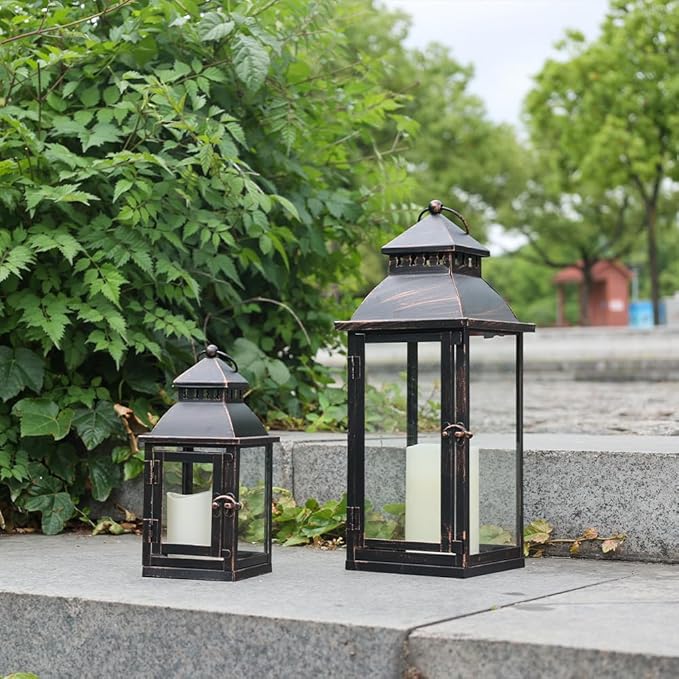 NEEDOMO Bronze Metal Lanterns Decorative Outdoor & Indoor, Set of 4 (17" & 10") with Glass, Candle Holder for Porch, Patio, Garden, Balcony, Wedding, Table Centerpiece Decorations-Ruum Studio Home