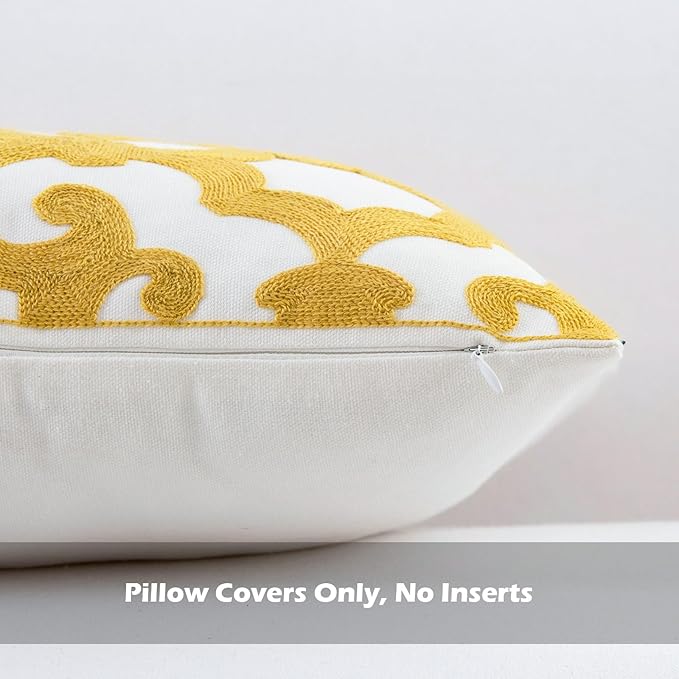 HWY 50 Mustard Yellow Decorative Throw Pillow Covers 18x18 Inch (1 Piece), Embroidered Cotton Farmhouse Cushion Cover Pillow Case for Sofa Couch Living Room Bed, Geometric-Ruum Studio Home