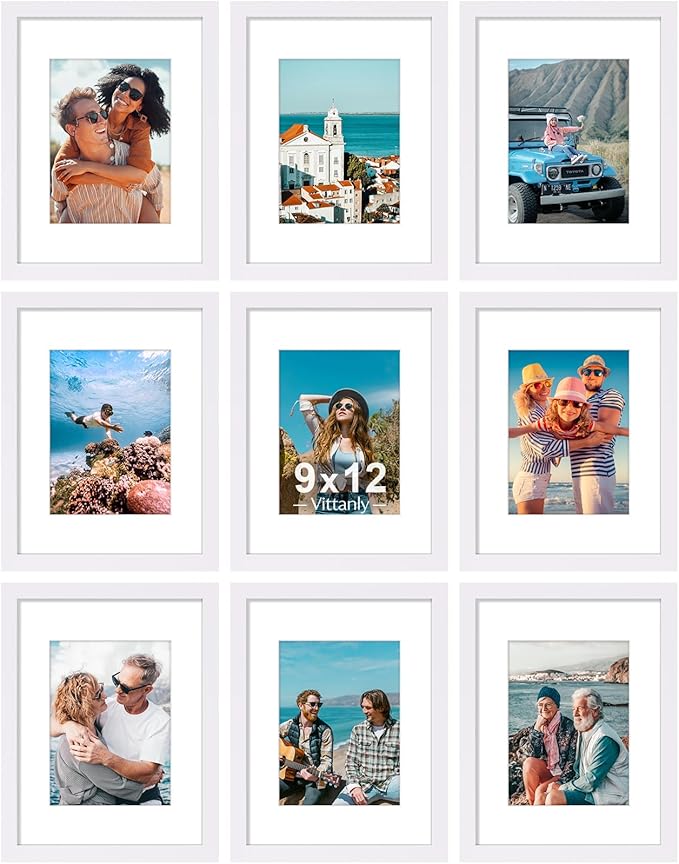 Vittanly 9x12 Picture Frames Set of 9, Shatter Resistant Plexiglass, Display 6x8 Pictures with Mat or 9x12 without Mat, Photo Frames for Wall or Tabletop, Engineered Wood, White-Ruum Studio Home