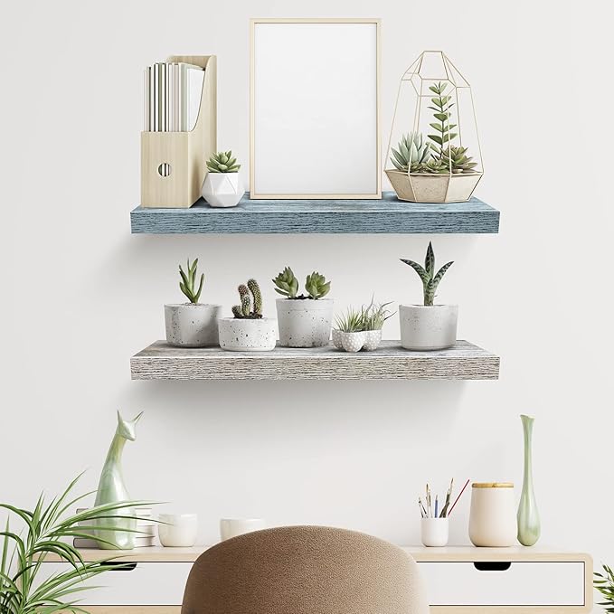 Sorbus Floating Shelf — Hanging Wall Shelves Decoration — Perfect Trophy Display, Photo Frames — Extra Long 24 Inch (Rectangle Shelf Set - Blue White)-Ruum Studio Home